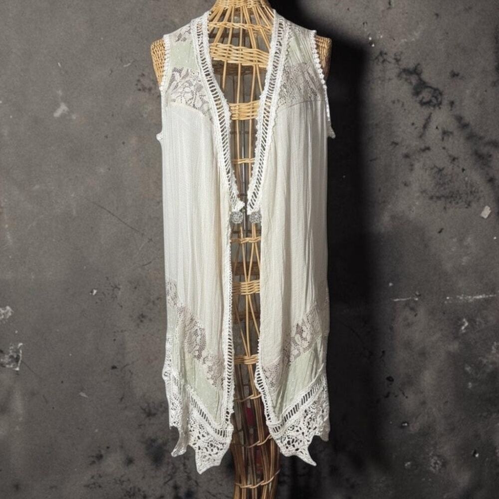 Jolt Crochet and Lace Ecru Open front Duster Sleeveless Size Small Boho Indie